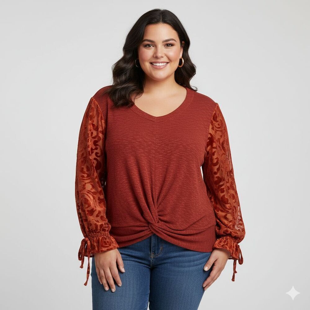Cato Womens 22/24W Long Sleeve Top Orange Velvet Burnout Floral Bishop Sleeve